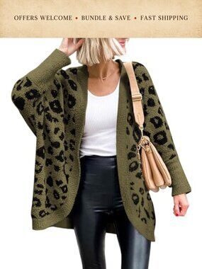 Women's Leopard Print Batwing Sleeve Open Front Knit Cardigan Sweater
